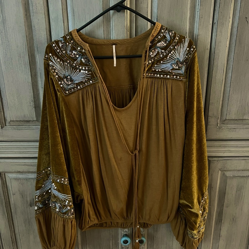 Free People velour top embellished with sequins and threads. Size medium.